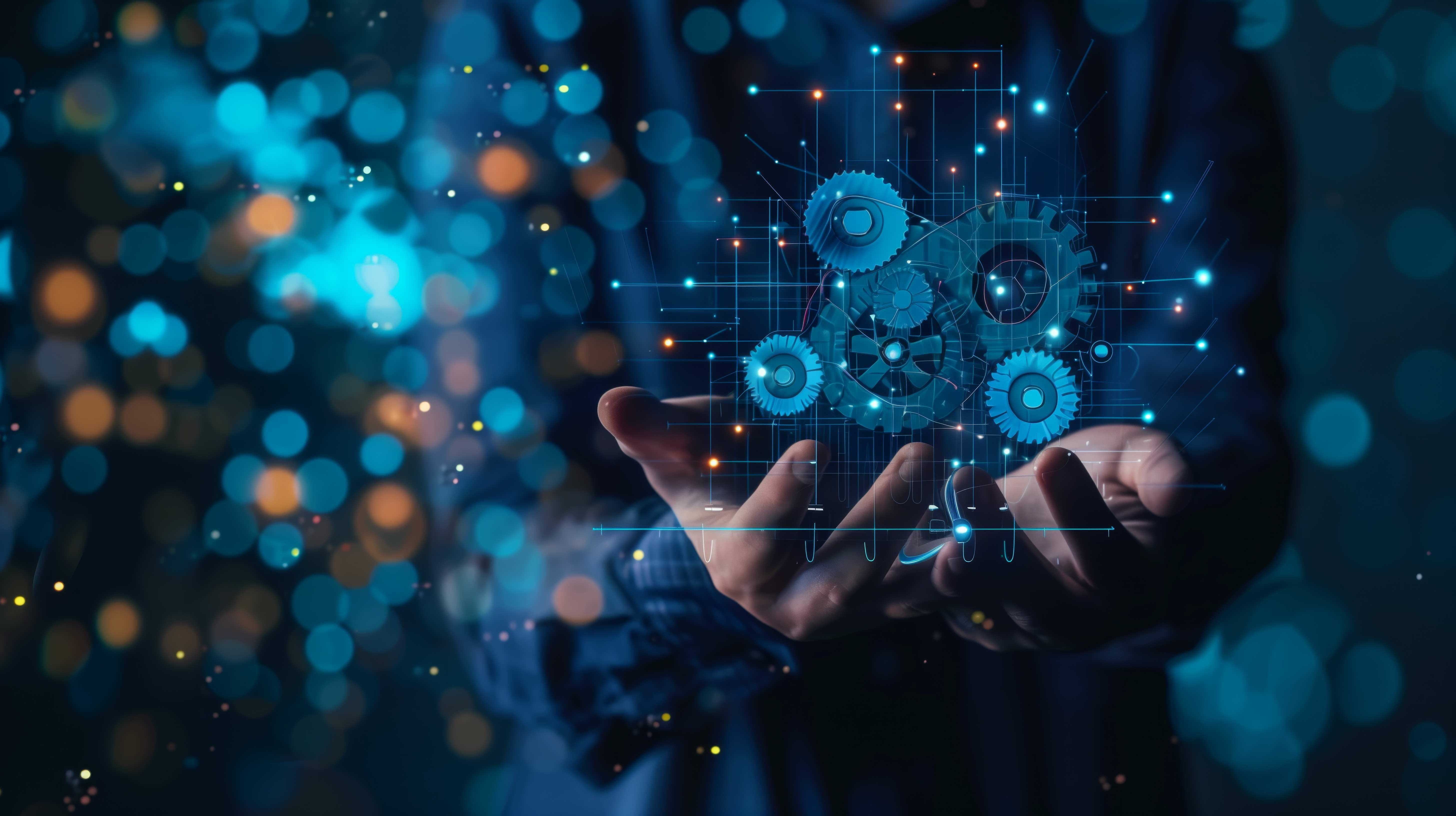 Person with hands held out and a hologram of different gears floating in them.